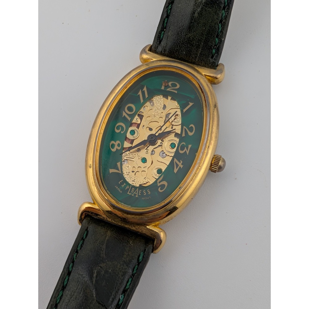 Vintage LA Express Watch Women 24mm Case Skeleton Dial Leather Band- New Battery
